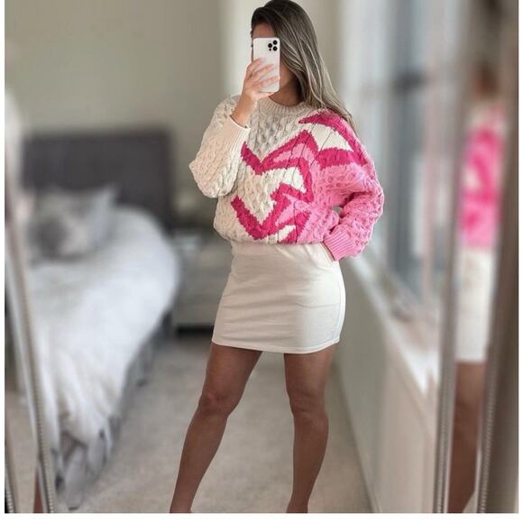 ZARA Oversized Cream Pink Jacquard Chunky Cable Knit Fisherman Sweater Sz M Retr - Picture 3 of 16